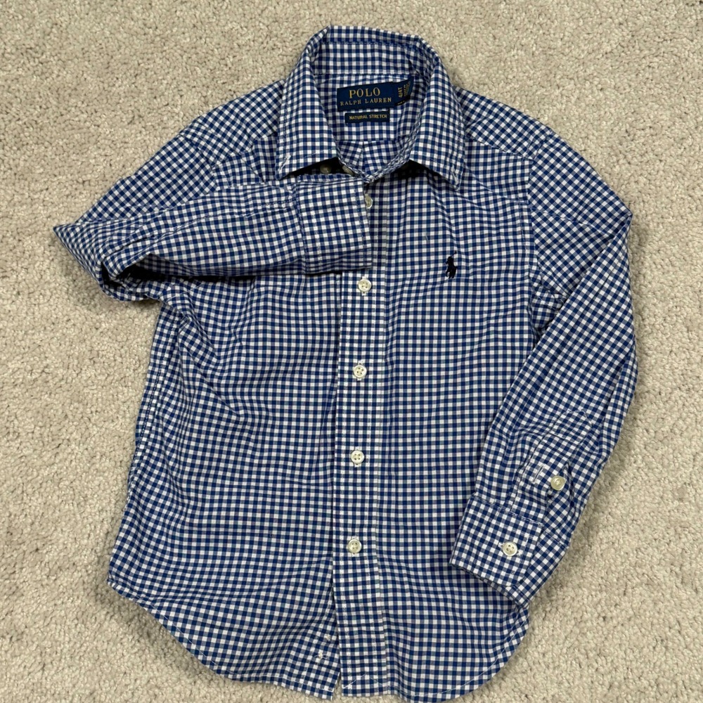 Polo Ralph Lauren Boys 4T Blue Gingham Button Down Shirt Natural Stretch Cotton